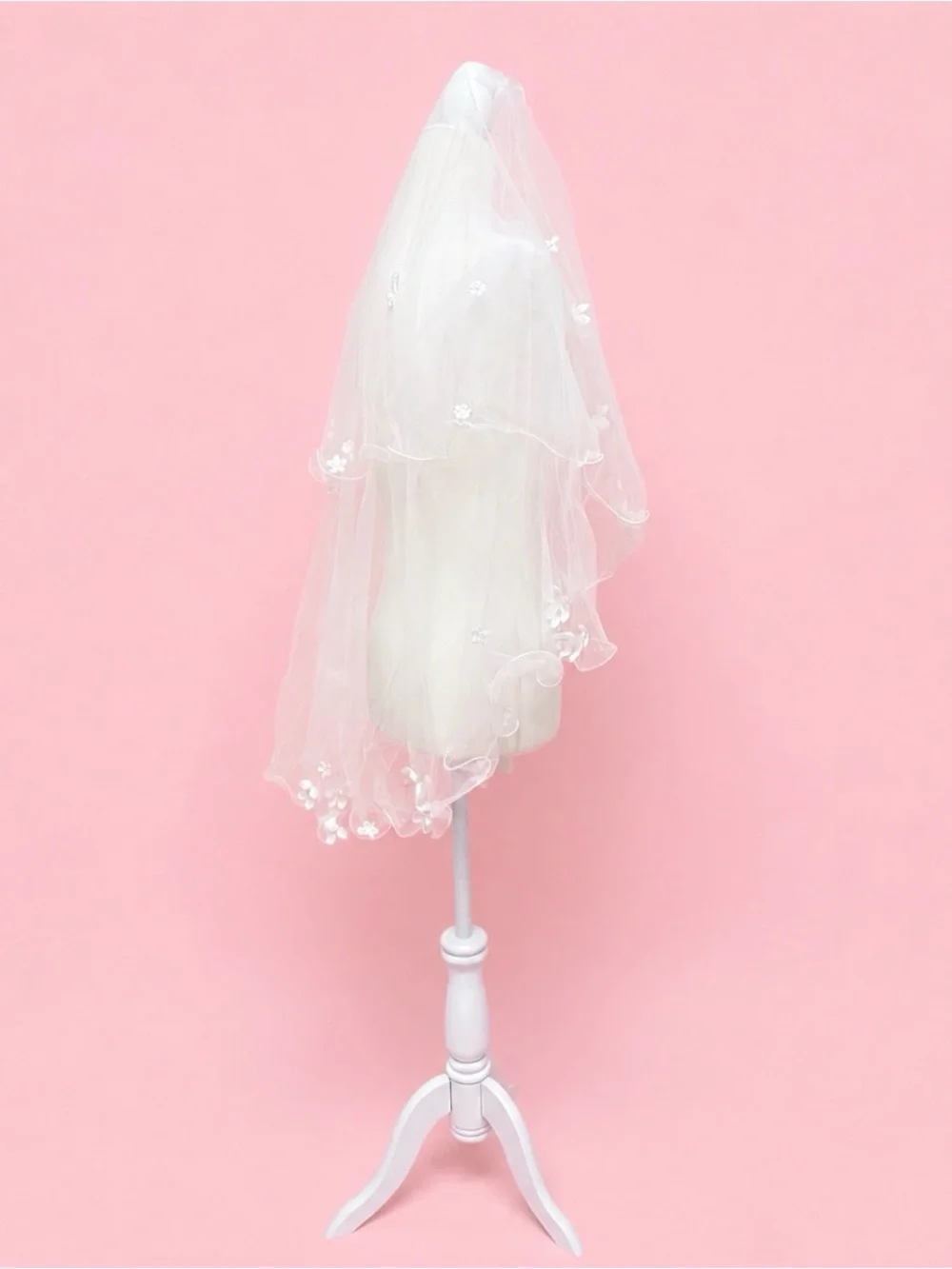 White Bridal Veil with Floral Appliqués and Pearl Accents